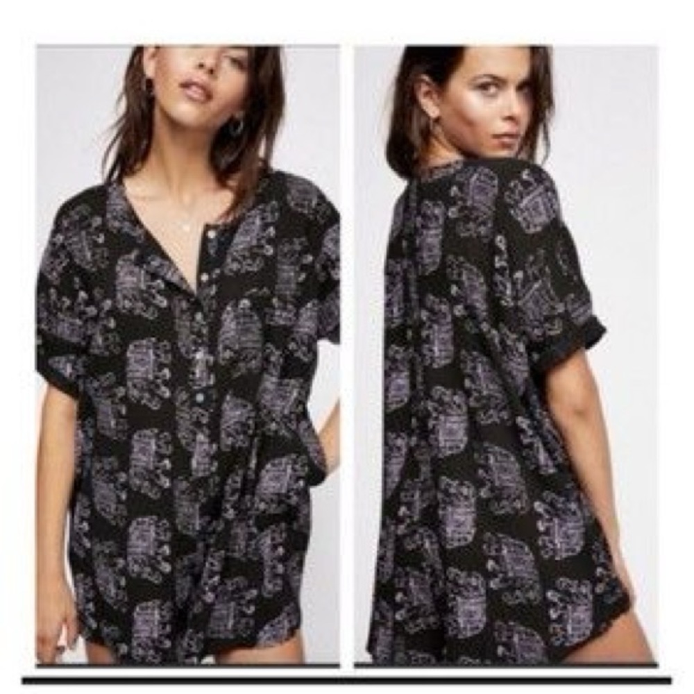 Free People Black Elephant Print Short Sleeve front buttons oversized Romper XS
